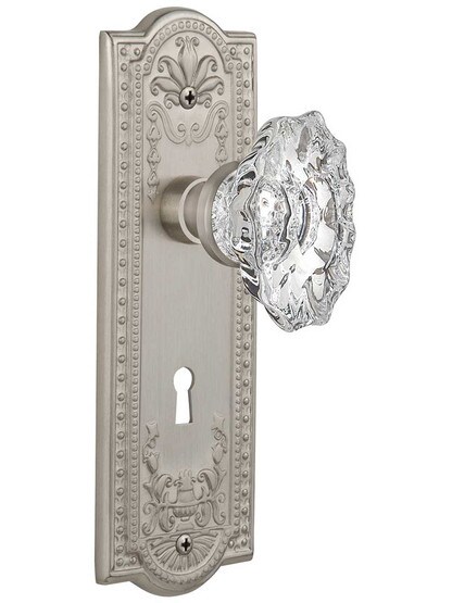 Meadows Design Door Set with Keyhole and Chateau Crystal Glass Knobs in Satin Nickel.